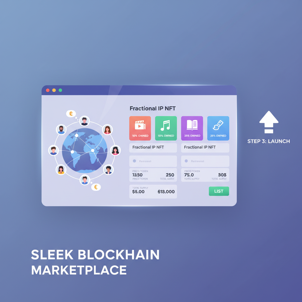 listing fractional IP NFTs on sleek blockchain marketplace dashboard with global buyers