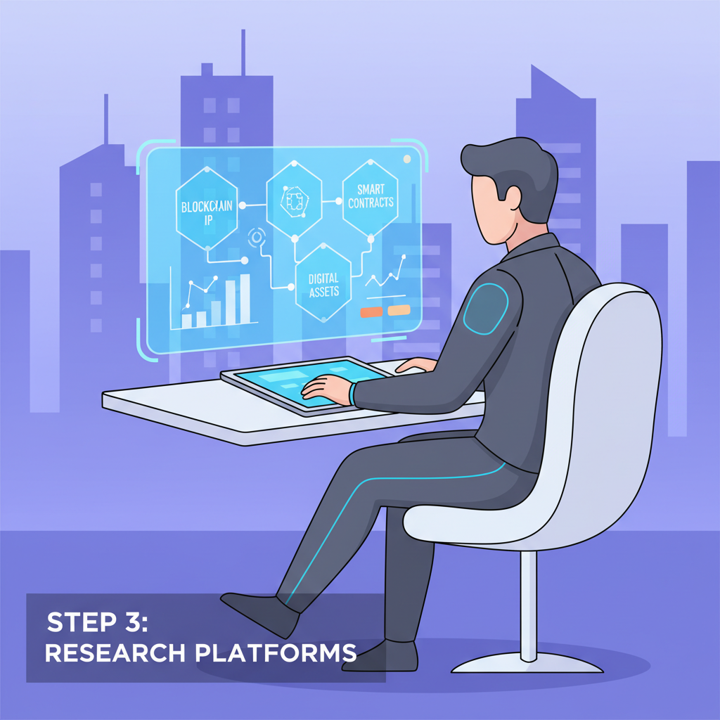 futuristic investor researching blockchain IP platforms on holographic screen