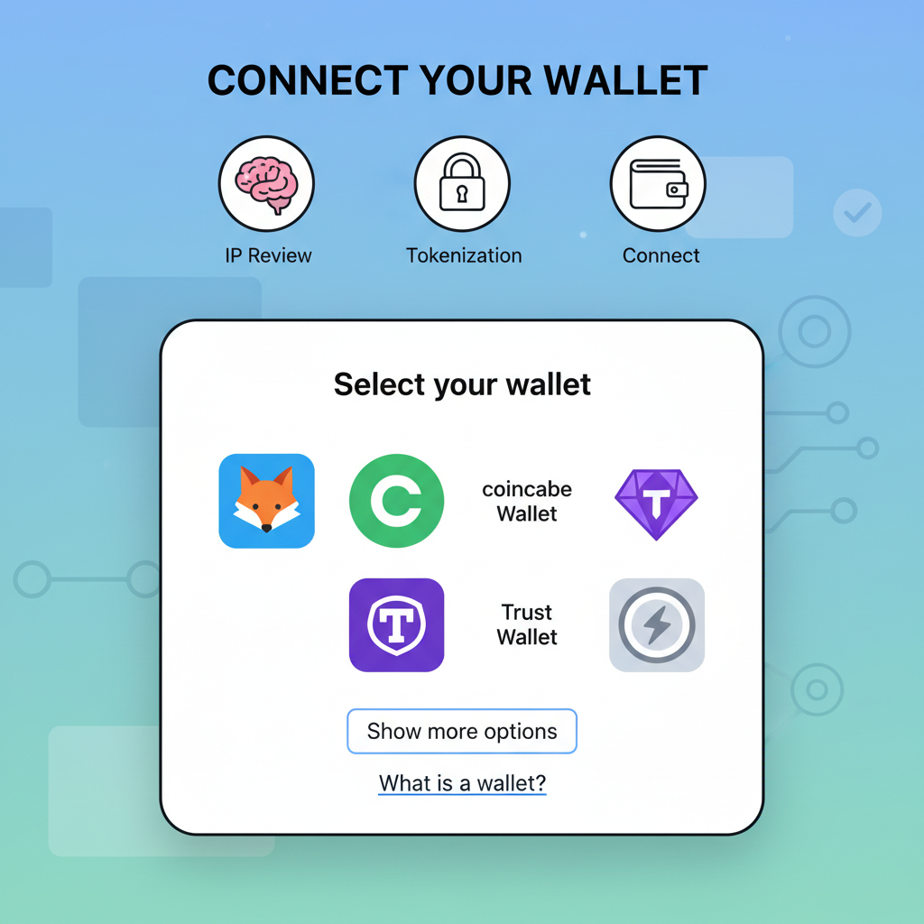 crypto wallet connection interface on IP tokenization site, clean modern UI