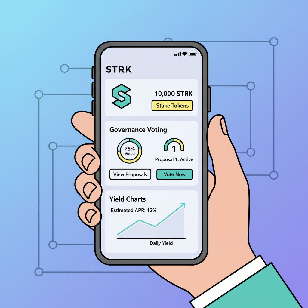 user staking STRK tokens in wallet app with governance voting dashboard and yield charts