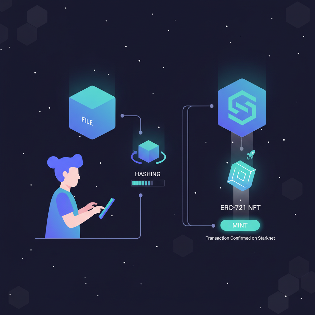 digital artist hashing file and minting glowing ERC-721 NFT on Starknet blockchain interface