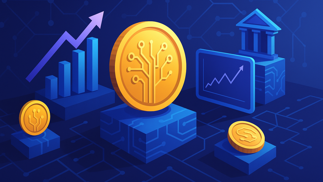 Vibrant illustration of blockchain tokens dividing a glowing patent document into fractional shares, symbolizing fractional ownership in tokenized IP and blockchain-enabled small investments in high-value patents