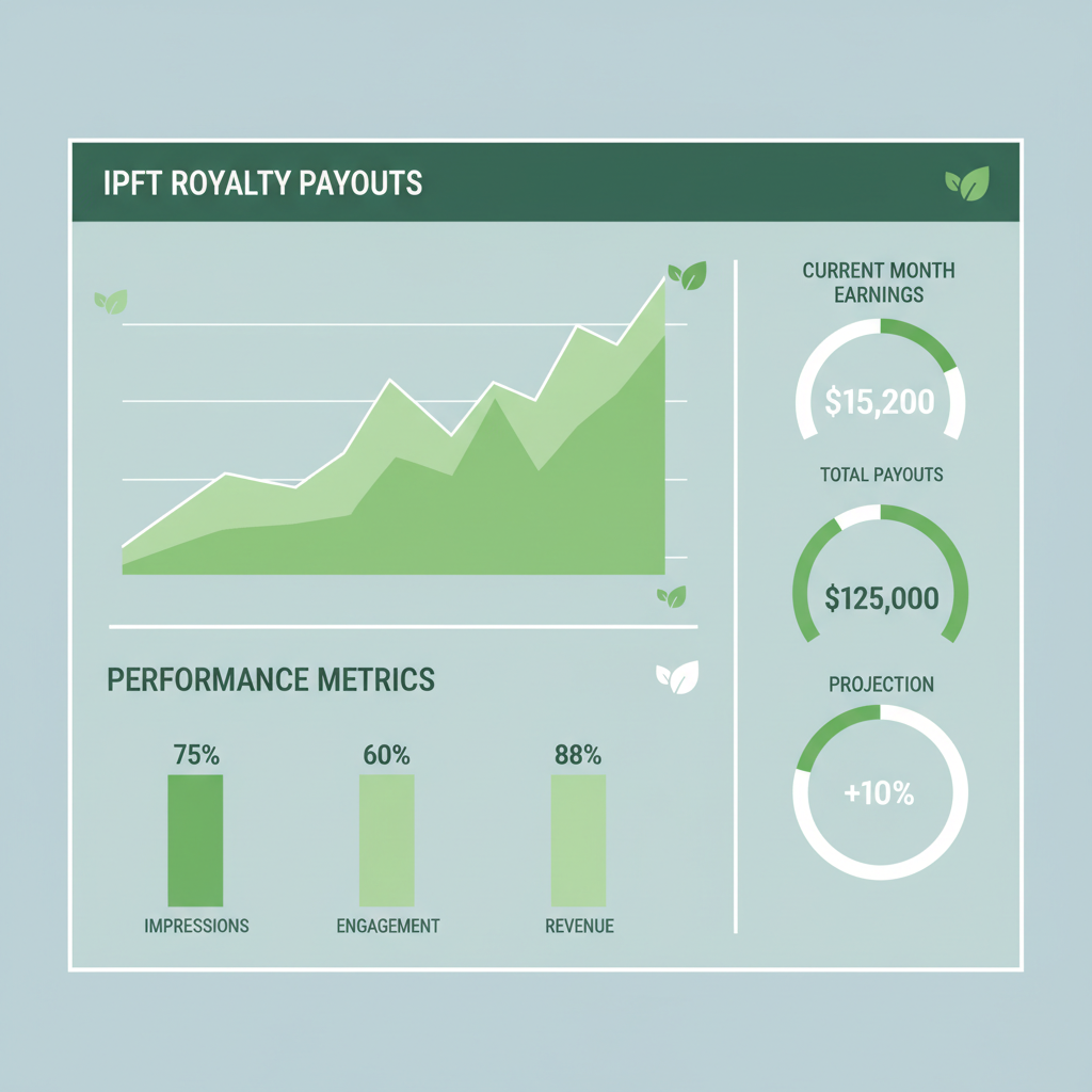 dashboard chart displaying IPFT royalty payouts and performance metrics, green graphs
