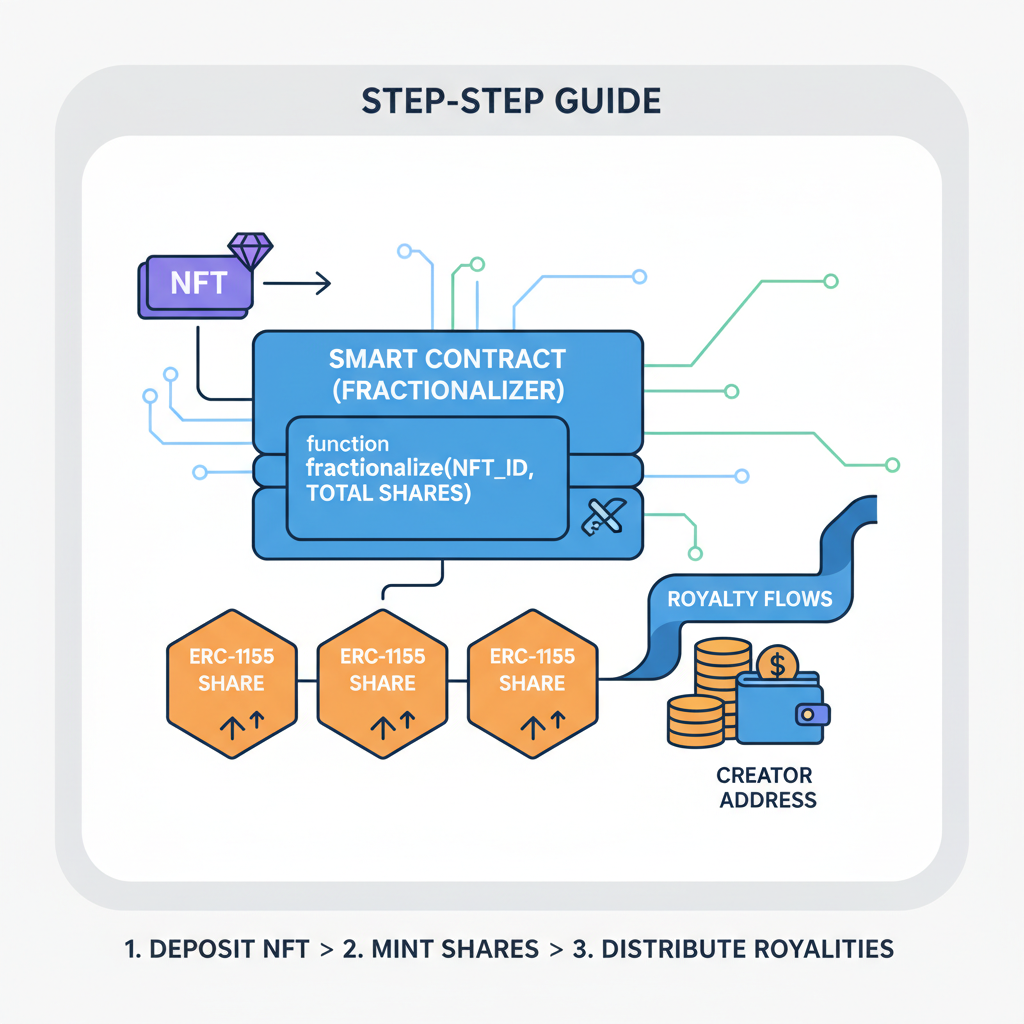 smart contract code fractionalizing NFT into ERC-1155 shares with royalty flows on blockchain