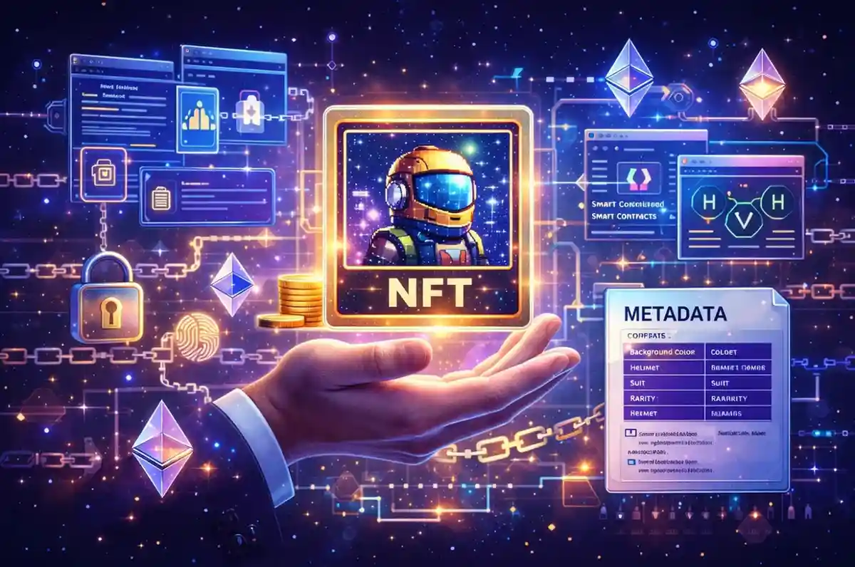 Abstract blockchain visualization of fractional NFTs representing tokenized patent shares with glowing chains, digital tokens, and futuristic crypto network for IP ownership guide 2026