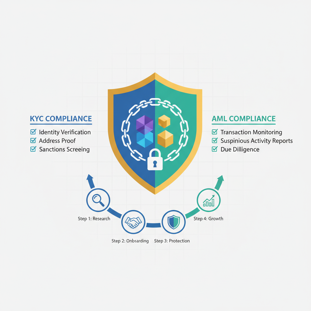 shield icon protecting blockchain tokens with KYC AML compliance checklists