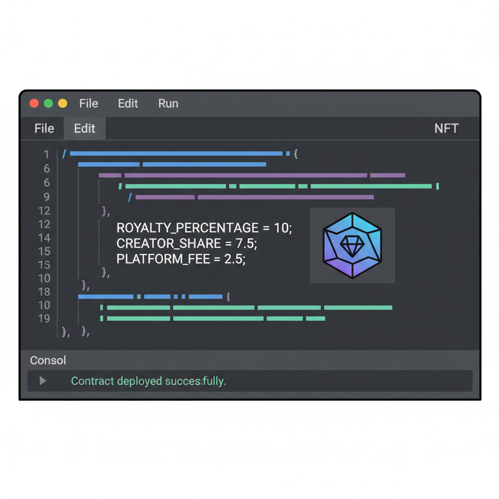 code editor showing smart contract with royalty percentages and NFT icon
