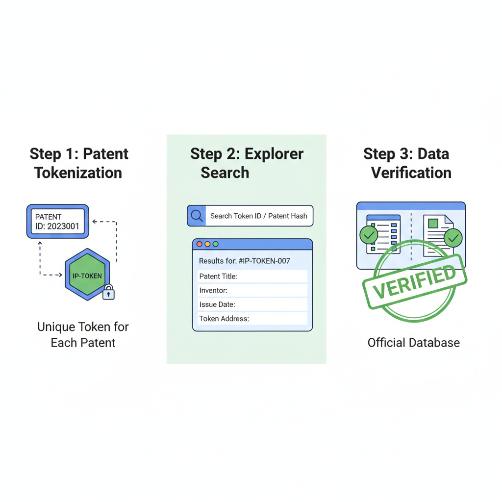 blockchain explorer interface showing tokenized patent details, data verification screen
