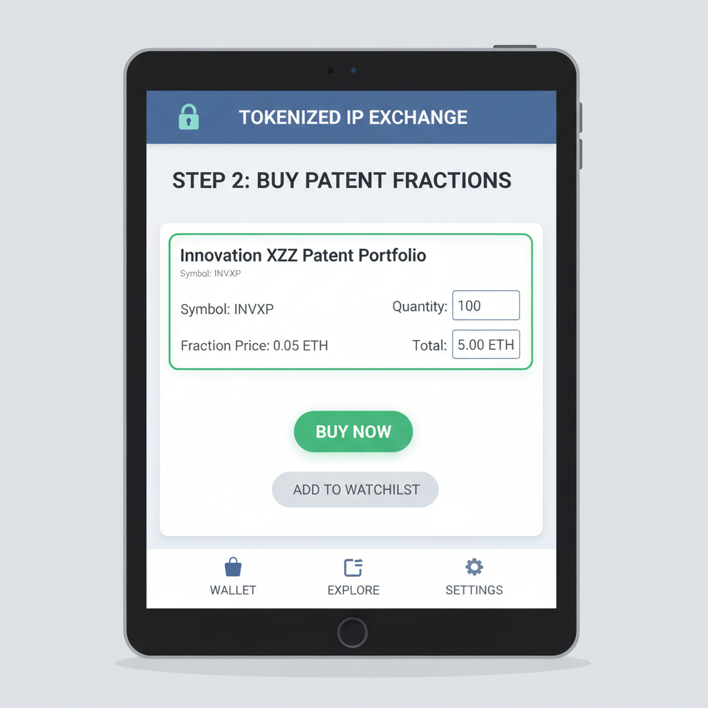 crypto wallet interface buying tokenized patent fractions on exchange