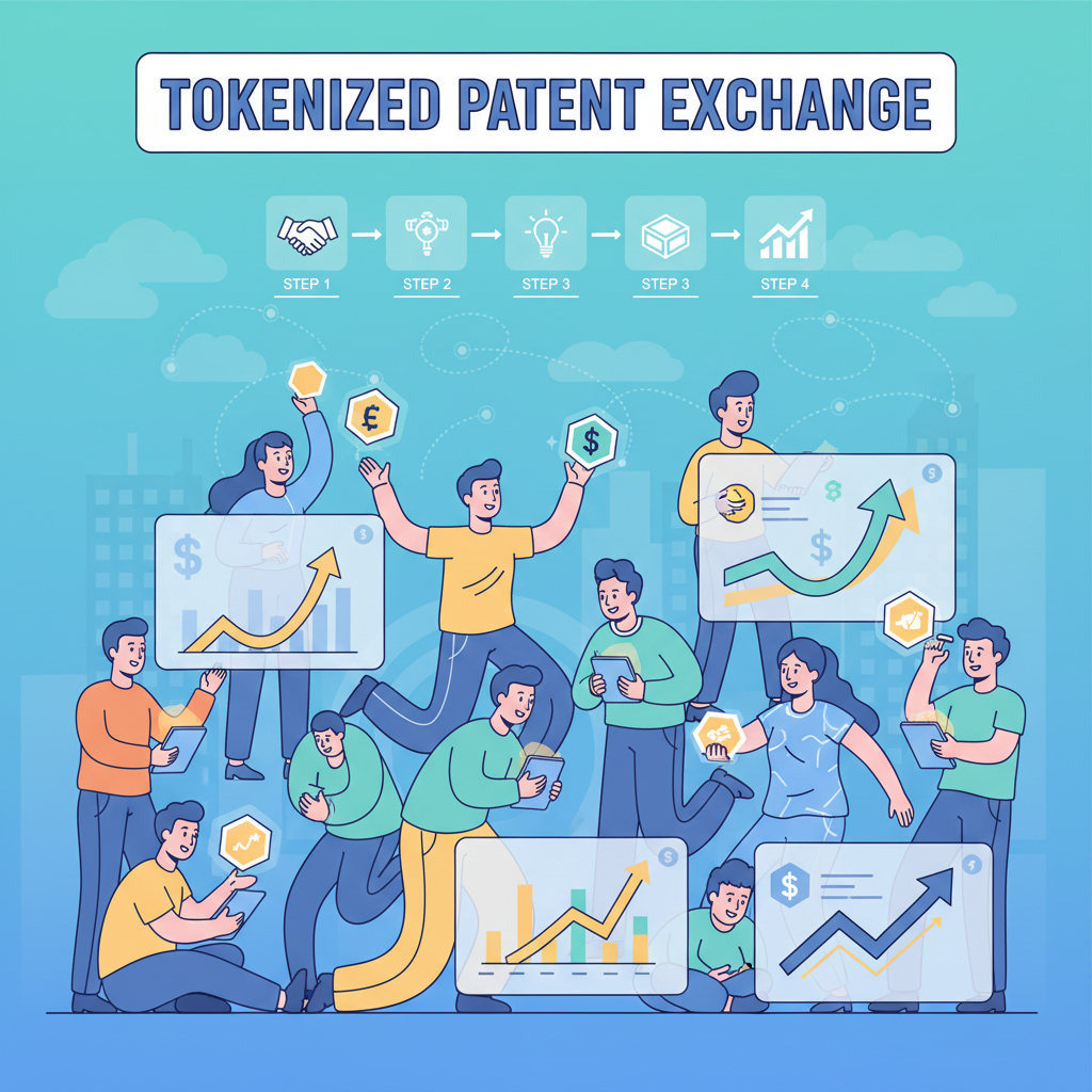 energetic crowd of investors trading tokenized patents with revenue charts soaring